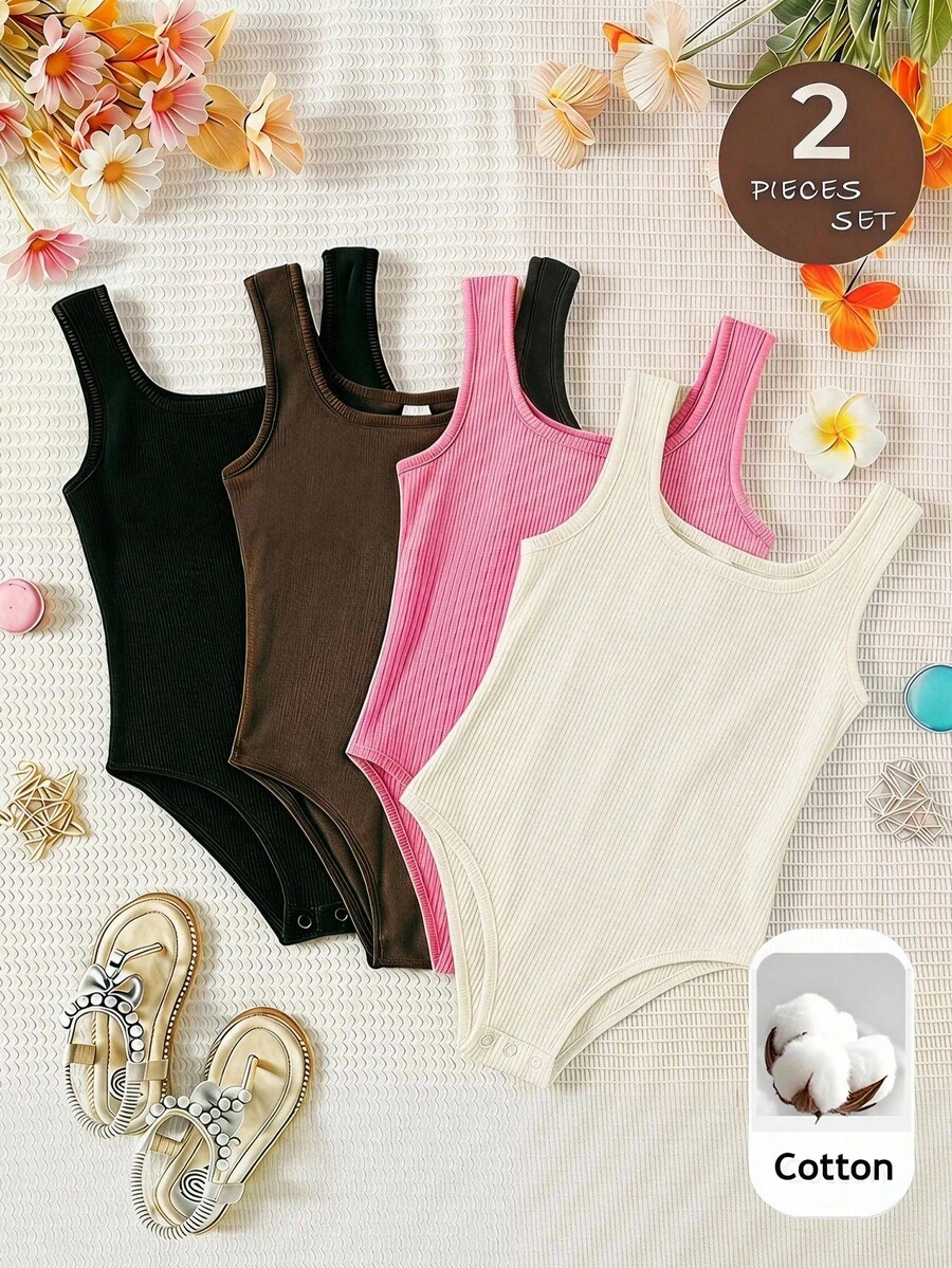 SHEIN 2件/組 青少女街頭風素色針織連身褲，春/夏連身短褲 - 彩色 - 查看 1