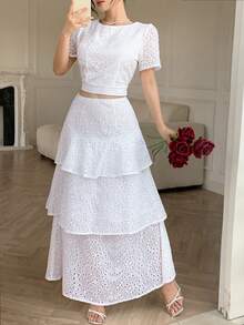 Modelyn Spring/Summer Hollow Embroidery Short Sleeve Round Neck Cropped Top Layered Cake Long Skirt 2 Pieces Set Vacation White Elegant - White - View 5