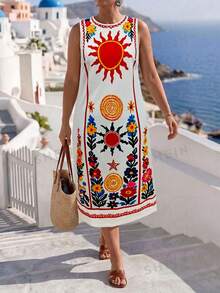 EMERY ROSE CURVE Plus Size Casual Summer Beach Holiday Sunlight Abstract Totem Print Dress - Multicolor - View 3