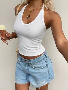 Resyla Beaded Fashionable Minimalist Spaghetti Strap Tank Top, Gift For Friends - White - View 3