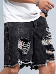 Manfinity LEGND Loose Men Cotton Ladder Distressed Denim Shorts - Black - View 5
