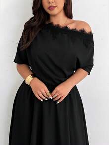 Firerie Short-Sleeved, Off-Shoulder, Lace-Trimmed, Plus-Size Fitted Waist Flared Maxi Dress / Elegant Work Dress - Black - View 1