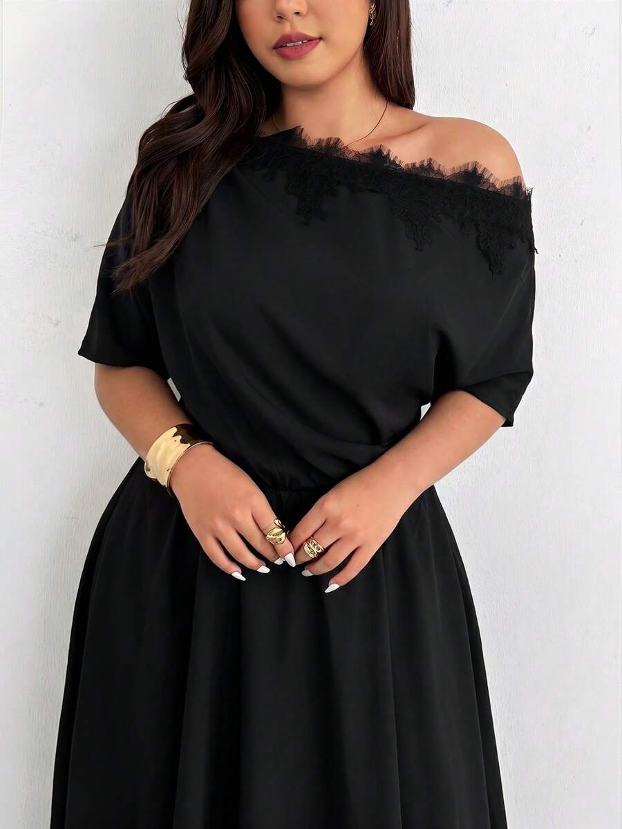 Firerie Short-Sleeved, Off-Shoulder, Lace-Trimmed, Plus-Size Fitted Waist Flared Maxi Dress / Elegant Work Dress - Black - View 1
