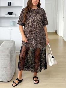 SHEIN CURVE+ Đầm nữ size lớn họa tiết da báo phối ren phong cách thường ngày đi tiệc - Nhiều màu - Xem 4
