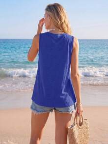 Sylviya Top de tirantes sin mangas con cuello en V de unicolor simple para mujer, casual - azul real - Ver 2