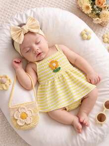 SHEIN Baby Girl Floral Embroidered Yellow Strap Romper Party Summer Cute - Yellow - View 8