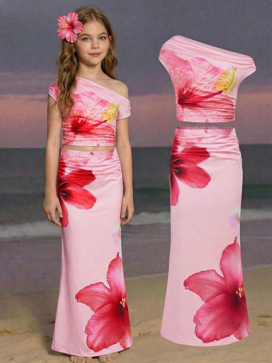 SHEIN 少女粉色针织无袖套装,不对称领口,度假风粉色碎花连衣裙,夏威夷风情,海岛女孩夏季穿搭 - 粉色 - 查看 1