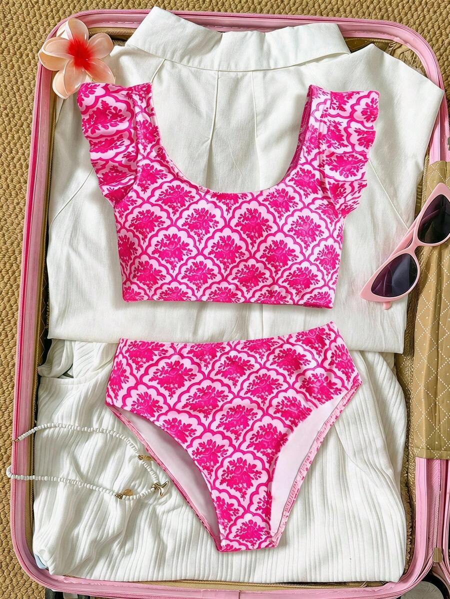 SHEIN 少女可愛白色印花休閒簡約荷葉袖細肩帶三角比基尼泳衣套裝,適合夏季海灘度假 - 粉色 - 查看 1