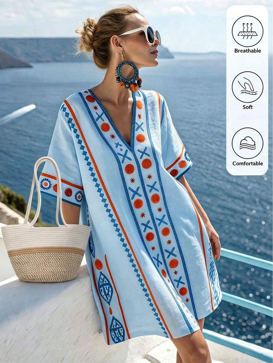 Louniche 女款夏季V領幾何印花休閒熱帶波西米亞風派對海灘度假短洋裝 淺藍色 - 藍色 - 查看 1