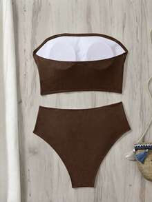 Swim Vcay Women's Solid Color Bandeau Bikini Set With Double Side Ruched Details, Beach Summer Outfits - Coffee Brown - View 4
