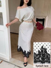 Modelyn Lace Patchwork Polka Dot Print Skirt - Apricot - View 9