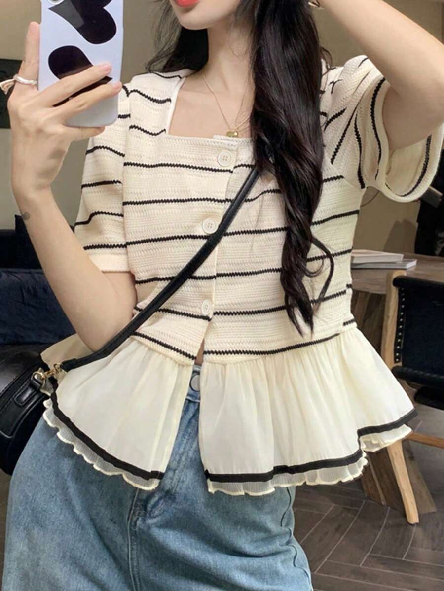 INAWLY French Square Neck Beige Short Sleeve Blouse With Flared Hem Everyday Summer Elegant - Apricot - View 1