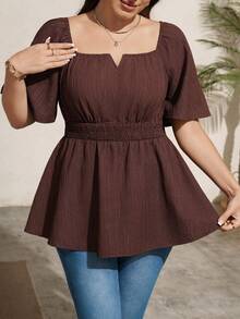 SHEIN LUNE Off-Shoulder Square Neck 2-Way Wear Flowy Hem Plus Size Blouse - Brown - View 3