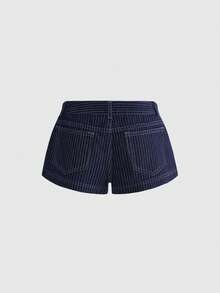 ROMWE J-Fashion 夏季彈性休閒條紋深藍色女款牛仔短褲 - 深色水洗藍 - 查看 2