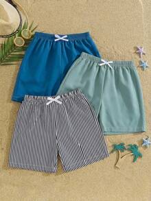 SHEIN (Acak 4 Pcs, Kirim 3 Pcs) Set Celana Renang/Celana Pantai Kasual Olahraga Nyaman Warna Polos Bergaris Longgar Tenun untuk Anak Laki-laki, 3 Potong - MultiWarna - View 3
