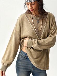 Bohemela Women's Casual Solid Color Knit Crew Neck Long Sleeve Loose Washed Sweatshirt - Brown - View 4