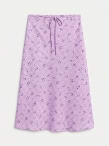 lacRébo Falda midi de rayas lilas con estampado floral y delicado lazo en la cintura, falda casual de negocios para vacaciones de verano - Lila Púrpura - Ver 7