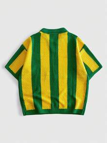 ROMWE MEN 巴西復古球衣黃綠條紋鏤空針織 Polo 衫 男款夏季寬鬆短袖 T-Shirt 上衣 - 黃色 - 查看 3