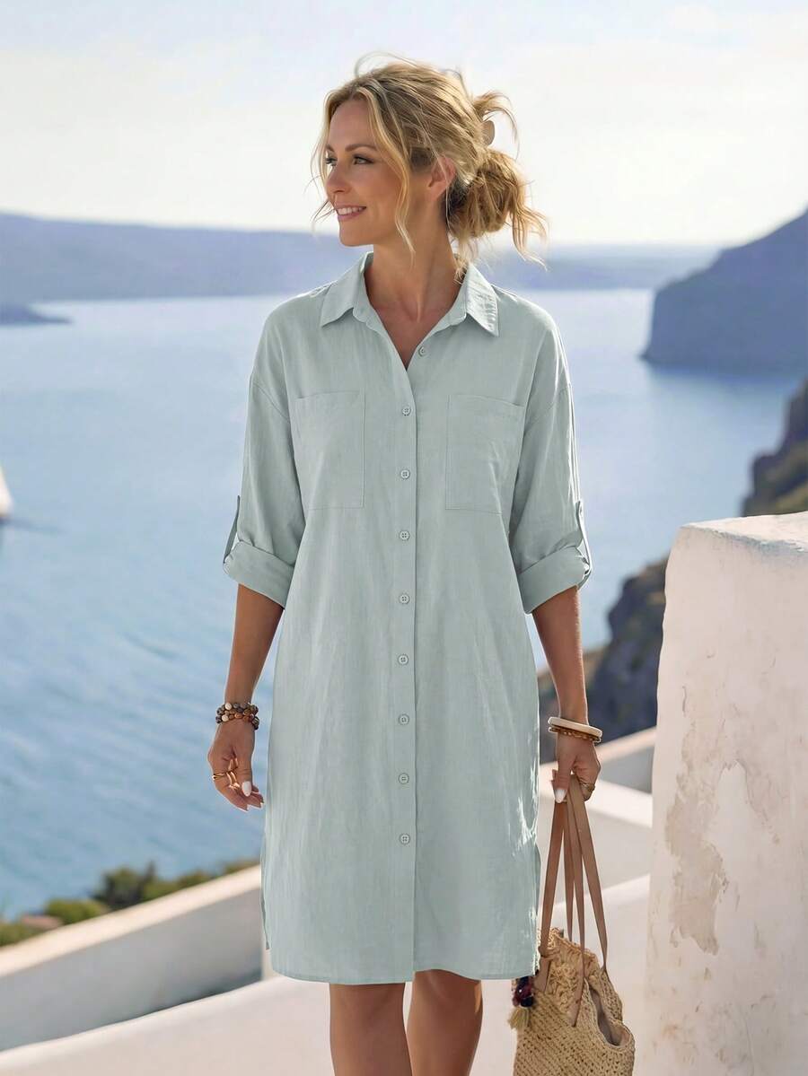 Faunlyn Women's Mid-Length Blue And White Striped Single-Breasted Short Sleeve Shirt Dress - Green - View 1