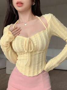 DAZY Autumn Winter Dark Textured Striped Brushed Yellow Lace-Up Drawstring 2 In 1 Patchwork Slim Fit Flare Sleeve Halter Neck Long Sleeve Women's T-Shirt - Light Yellow - View 14
