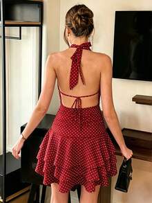 PariChic Vestido elegante y romántico de cuello halter, cintura ajustada, vestido corto con volantes plisados en albaricoque y blanco, nuevo vestido de primavera/verano, vestido para cita de - Burdeos - Ver 2