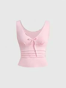 ROMWE Spring Summer Autumn Y2K Romantic Cute Sexy V-Neck Off-Shoulder Women's T-Shirt Top Tank Top Going Out Soft Pink - Pink - View 3