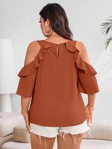 Vionelle Plus Cold Shoulder Ruffle Trim Blouse For Summer For New Year Clothes - Rust Brown - View 2