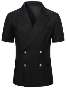 Manfinity Mode Men's Lapel Short Sleeve Double-Breasted Placket Solid Color Blazer, Formal - Black - View 5