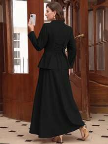 Auvina 2pcs/Set Plus Size Women Casual Outfit, Solid Color Blouse With Back Tie, Long Sleeve And Mini Skirt - Black - View 2