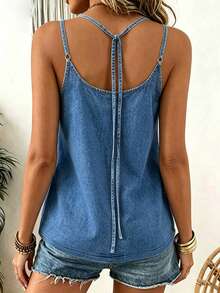 Resyla Tank Top Wanita Kasual Modis, Efek Denim, Cocok untuk Pakaian Sehari-hari dan Pesta - Biru - View 2