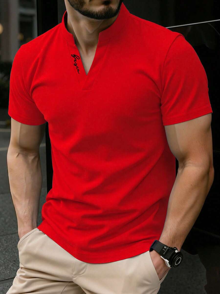 Manfinity Homme 男士夏季休閒缺口領 Polo 衫,正式款 - 紅色 - 查看 1