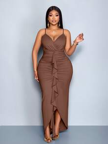 SOLERSUN Plus Size Beige Summer Elegant Maxi Dress, Ruffle Edge Sleeveless Strap Wedding Party Prom - Brown - View 2