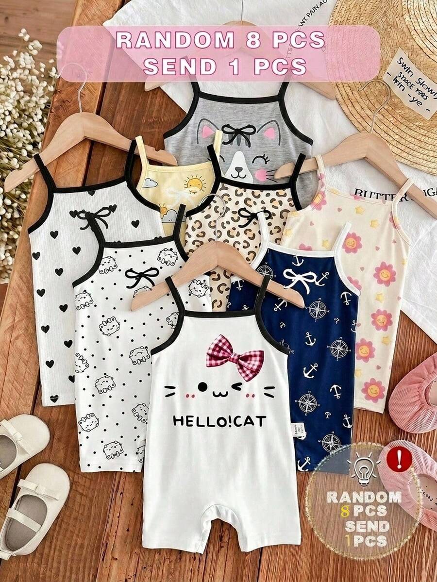 Mameluco con tirantes casual y sencillo con estampado de dibujos animados para bebé niña, adecuado para primavera y verano - Multicolor - Ver 1