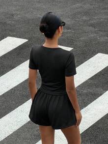 Muchica Black Letter Print Knit Short Sleeve T-Shirt And Shorts Casual Set For Women - Black - View 2