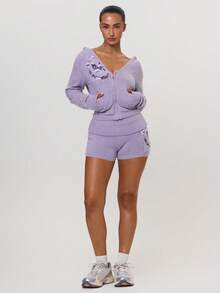 MUSERA Purple Camo Printed Knitted Fold Over Mini Short - Mauve Purple - View 1