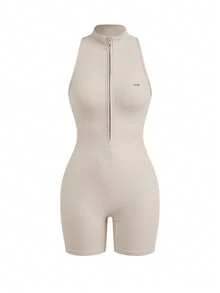 SHEIN Cheerettes 無袖修身運動連身褲 - 卡其色 - 查看 3