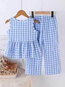 SHEIN Vintaside Kids 少女夏季新款清新田園風精緻綠白格紋兩件套，同色蝴蝶結裝飾無袖背心上衣 + 同花色寬腿長褲，甜美可愛日常穿搭，夏季風格 - 淺藍色 - 查看 2