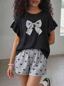SHEIN 少女 T-shirt 套裝，帶荷葉邊袖口與蝴蝶結，適合日常休閒可愛穿搭，適合返校季，全黑 - 黑色 - 查看 1