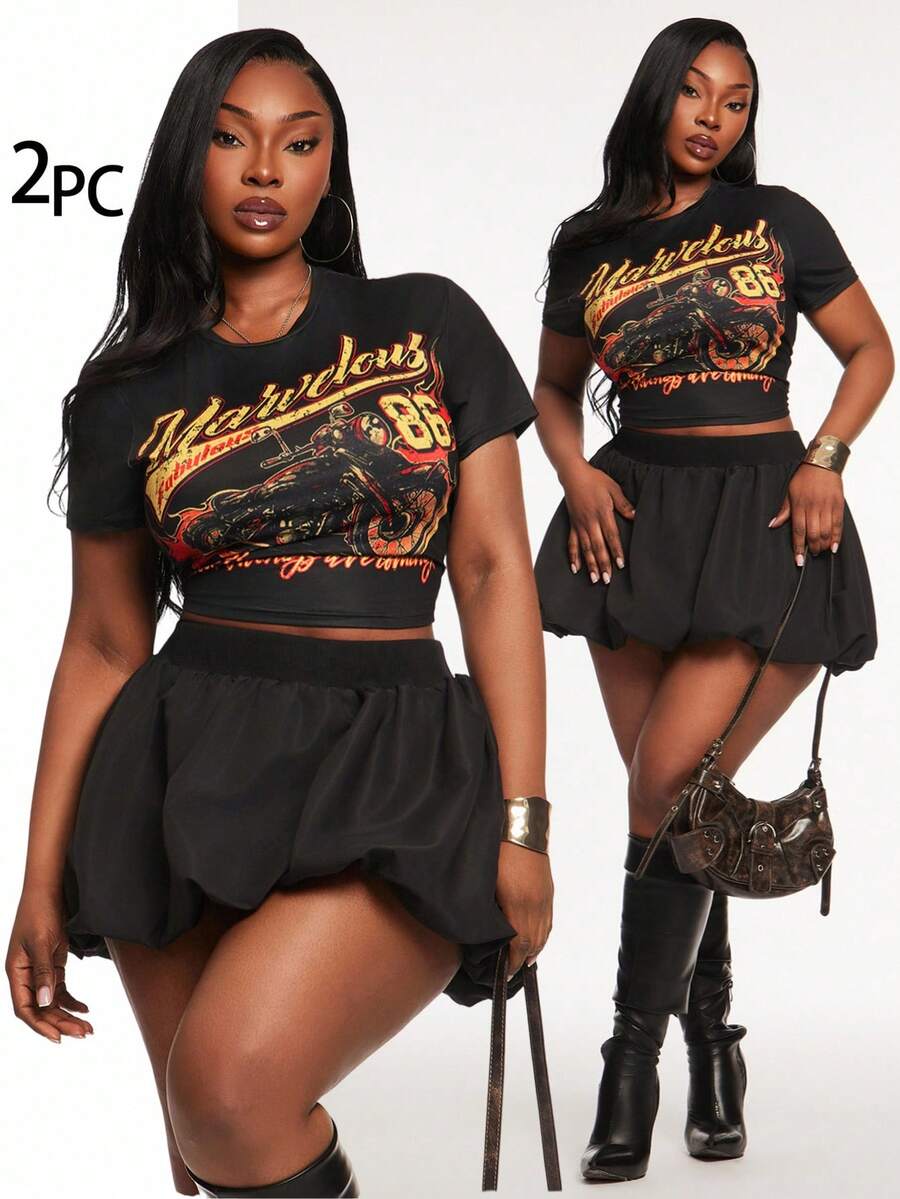 Radiana Plus Size Women's Cherry Pattern Round Neck Slim Fit Tee&Bubble Elastic Waist Mini Skirt,Black,Summer,Casual,Bussines,Night Out Club Western Wear - Black - View 1