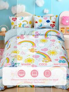 SHEIN X Care Bears 3Pc Blue Rainbow Cloud Cute Printed Quilt Set, Sanded Material, Soft And Warm, Multiple Sizes, Suitable For Single Bed/Double Bed/Queen Bed/King Bed, Machine Washable - Multicolor 1 - View 6