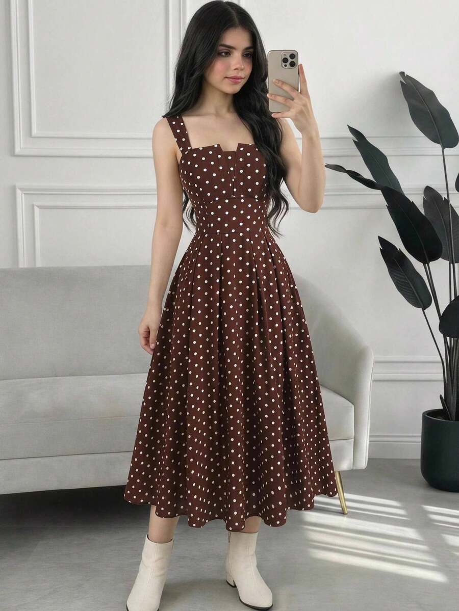 SHEIN 复古波点印花休闲优雅度假/假日连衣裙,可爱夏季迷你连衣裙,蕾丝连衣裙,白色连衣裙,咖啡棕色 - 咖啡棕 - 查看 1