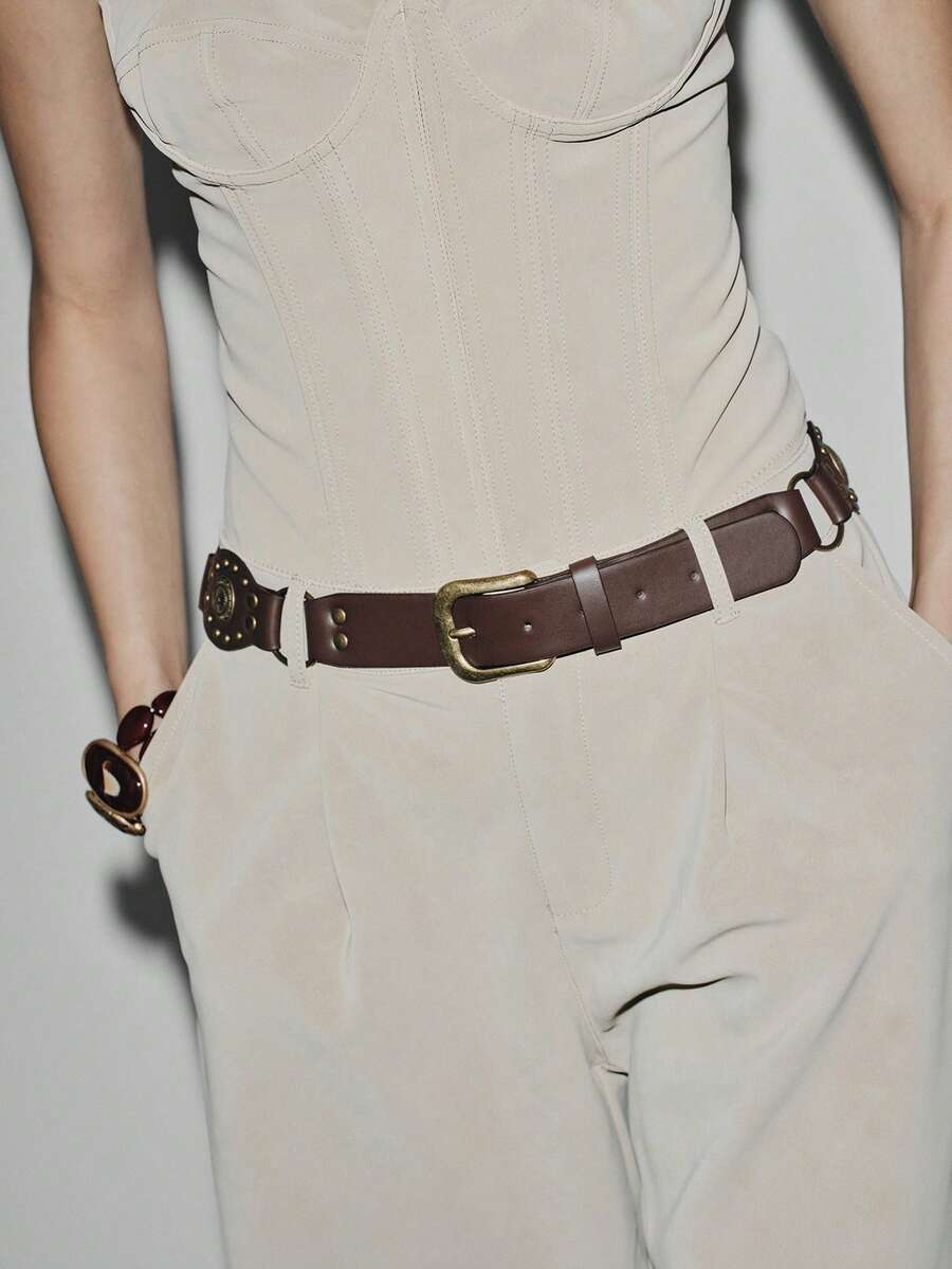 Noxbound Boho 1pc Women's Western Style Coffee Pu Material Belt With Circular Buckle Halloween Summer, School Fall, Autumn, Halloween - Coffee - View 1