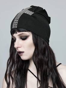 ROMWE Goth 1pc Punk Style Lightweight Rivet Decorated Beanie, High-Quality Y2K Vintage Solid Black Warm Fold-Over Hat, Fashionable Daily All-Season Wear - Black - View 3