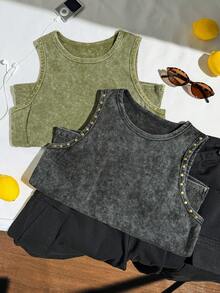 Comfortcana Plus Size Women's Round Neck Stud Decor Casual Smart Casual Versatile Everyday Outing Top Holiday Grey Olive Green Summer - Multicolor - View 4