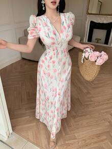 Modelyn 女款修身雪紡印花洋裝，小交叉領口、珍珠鈕扣裝飾與泡泡袖 - 彩色 - 查看 8