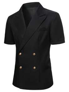 Manfinity Mode Men's Lapel Short Sleeve Double-Breasted Placket Solid Color Blazer, Formal - Black - View 4