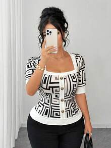 Elenzga Plus Size Women's Summer New Knit Square Neck Print Single Breasted Slimming Regular Short Sleeve Top T-Shirt Suitable For Daily Casual Elegant Work - Black and White - View 8