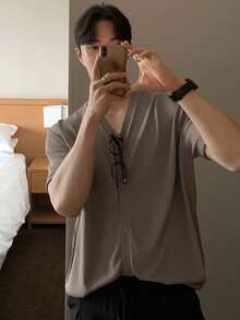 DAZY Summer Short Sleeve Solid Wall Grey Commuter Short Sleeve Men's Knit Top - Grey - View 5