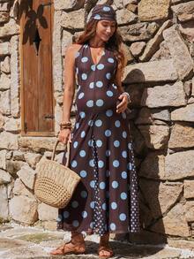 Boho Mama Maternity Polka Dot Halter Neck Casual Vacation Daily Outing Dress Boho Summer Outfits  Polka Dot  Casual Baby Shower Outfits  Elegant Dresses - Brown - View 8
