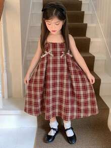 Dazy Kids 女童格紋 3D 蝴蝶結裝飾肩帶洋裝 夏季款 - 卡其色 - 查看 5